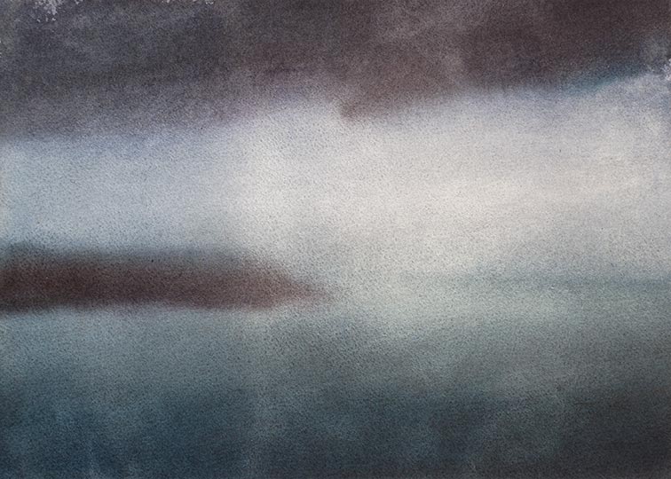 Watercolor painting of foggy island across water.