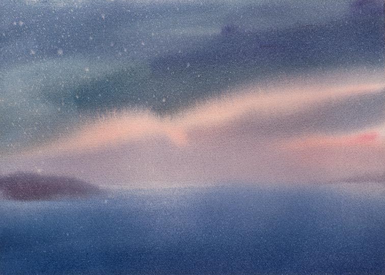 Watercolor painting of foggy island across water.