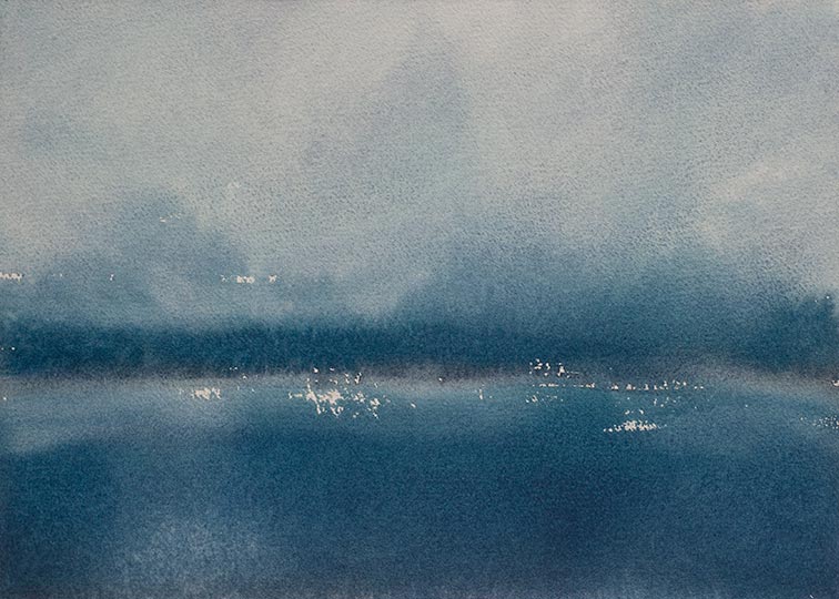 Watercolor painting of fog lifting and sun sparkles on water.