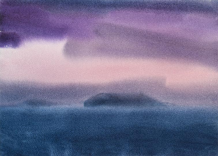 Watercolor painting of a pnk evening sky and ocean.