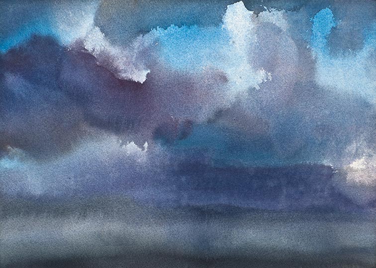 Watercolor painting of dramatic clouds and sky.