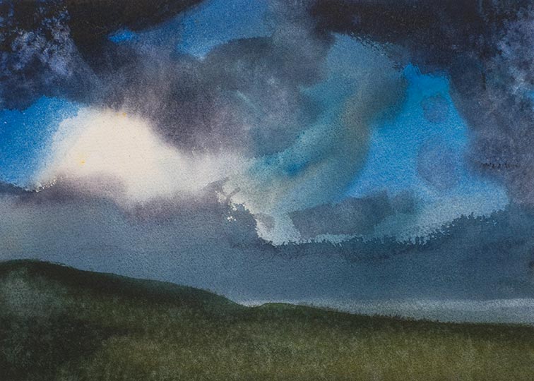 Watercolor painting of green pasture, distant water, and dramatic clouds.