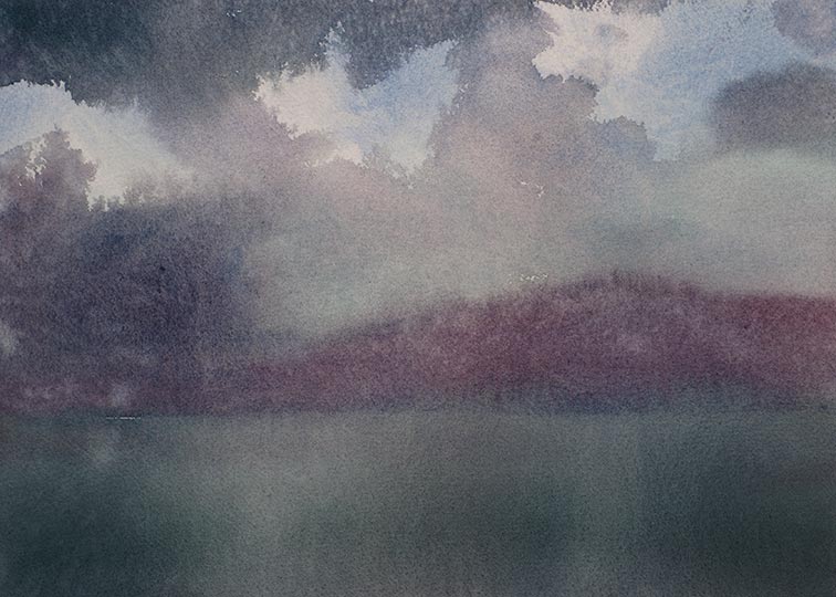 Watercolor painting of islands across water.
