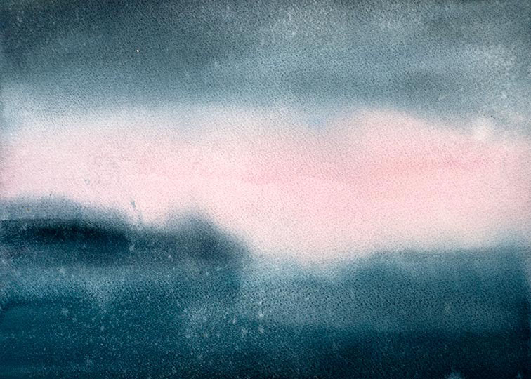 Watercolor painting of green pasture, distant water, and dramatic clouds.