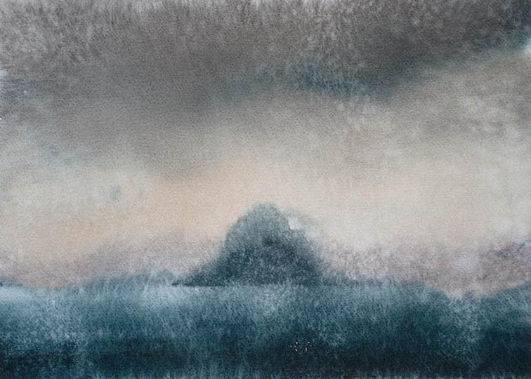 Watercolor painting of green pasture, distant water, and dramatic clouds.