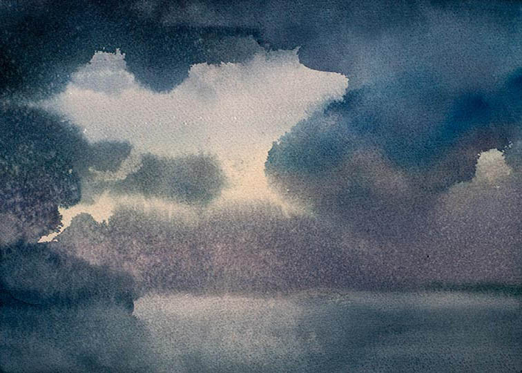 Watercolor painting of green pasture, distant water, and dramatic clouds.