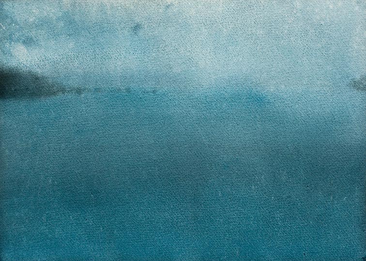 Watercolor painting of green pasture, distant water, and dramatic clouds.