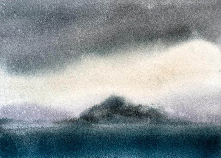 Watercolor painting of green pasture, distant water, and dramatic clouds.