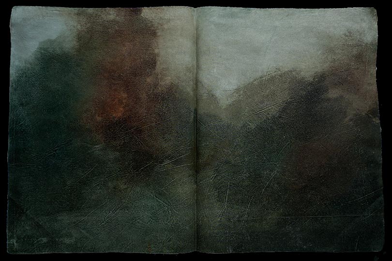 Painting of a dense woods in the form of an ancient book.