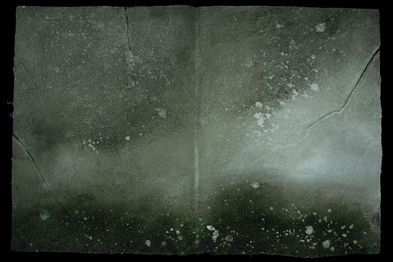 Painting of an implied landscape in the form of an ancient book.