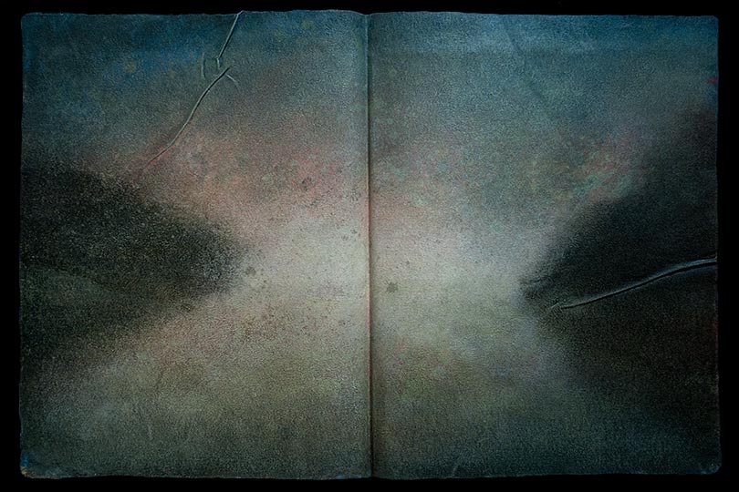 Painting of an eighteenth century fantasy of an unspoiled river, in the form of an ancient book.