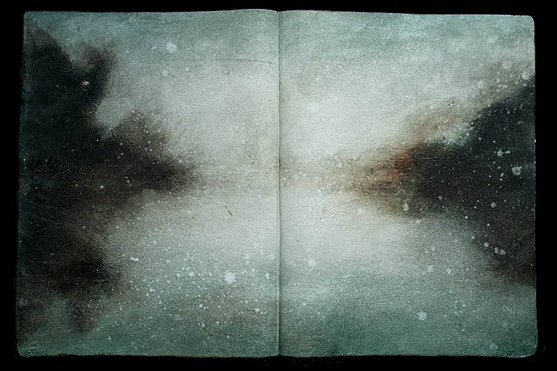 Painting of a tidal inlet in the form of an ancient book.