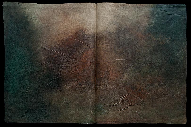 Painting of a suggestion of a forest in the form of an ancient book.