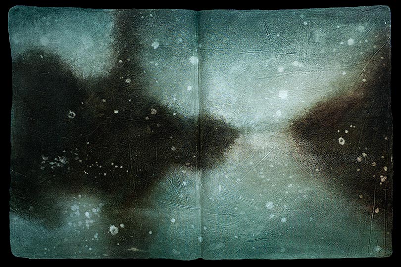 Painting of a lake with still water in the form of an ancient book.