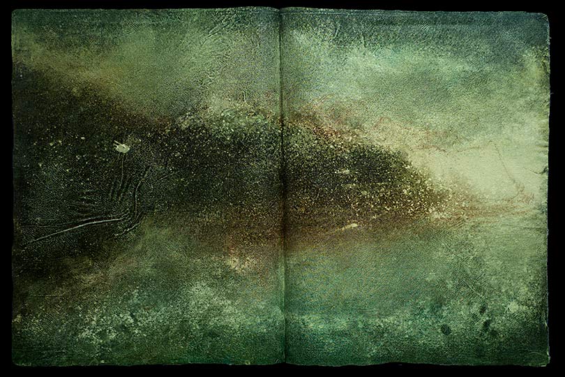 Painting of a steamy river in the form of an ancient book.