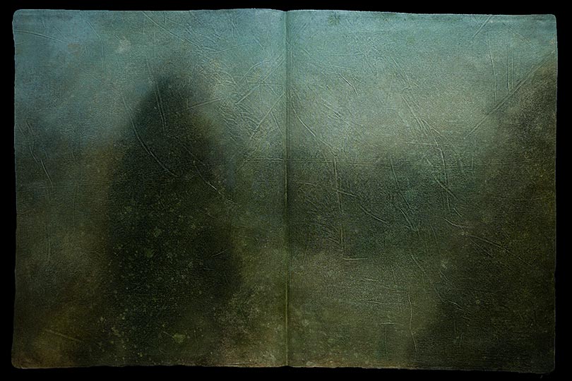 Painting of a steamy river in the form of an ancient book.
