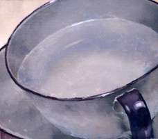Robert Spellman painting, close-up of an antique cup with water inside.