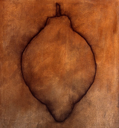 Robert Spellman painting/drawing of a lemon in the pose of the Venus of Willendorf.