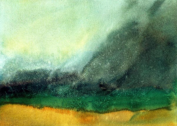 Robert Spellman watercolor of a fictional island off of Scotland.