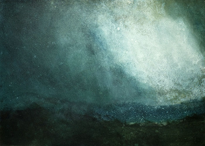 Robert Spellman painting of sunlight breaking through a passing mountain rain squall.