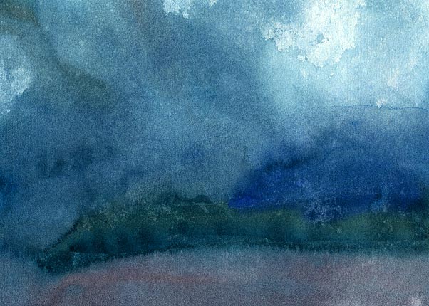 Robert Spellman painting of sun coming through a passing mountain rain squall.