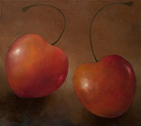 Robert Spellman paintin of two glistening cherries.