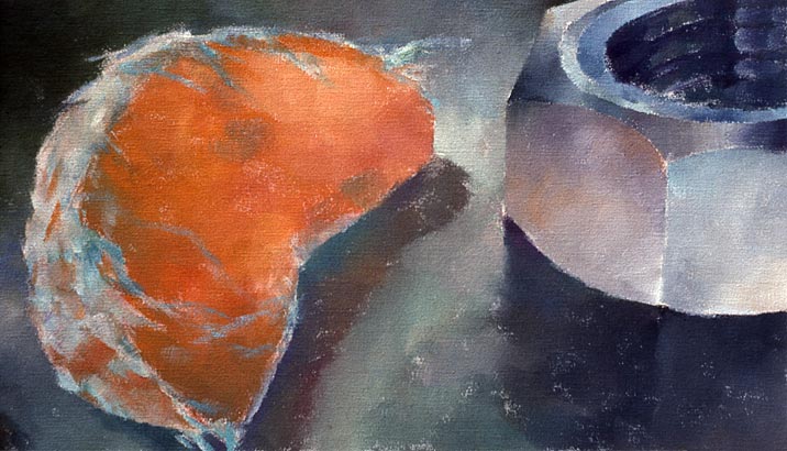 Robert Spellman painting of a luminous slice of tangerine and a shiny, very large steel nut.