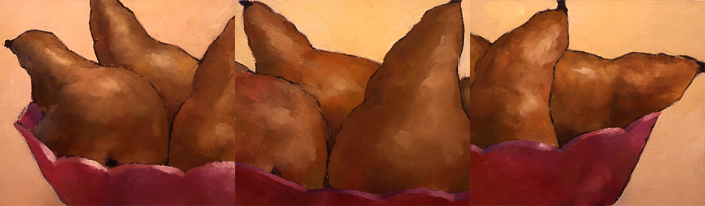 A triptych painting of bosc pears in a pink bowl.