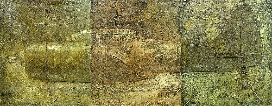 Robert Spellman three panel painting of a Douglas Dauntless dive bomber from World War II.