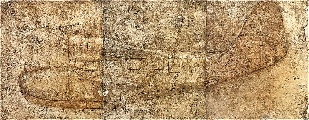 A large three panel painting of a Grumman Goose seaplane.