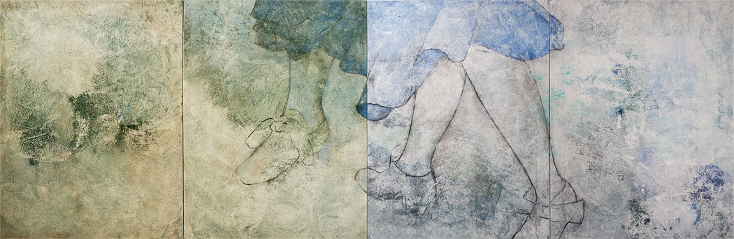A large four-panel painting of three dancing legs descending from skirts.