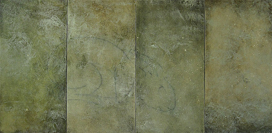 four-panel screen with a faint image of a rabbit
