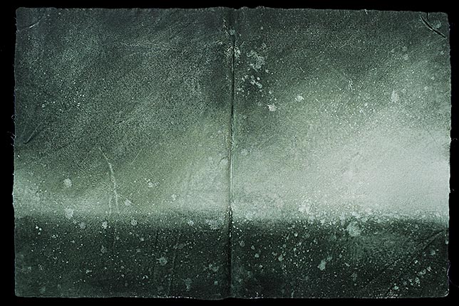A blurry painting of the Atlantic Ocean in a storm.