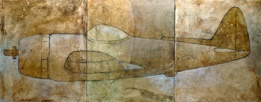 Three-panel painting of a P-47 Thunderbolt, a world War II fighter plane