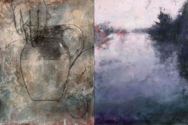 A two-panel painting of a pitcher, hand, and lake