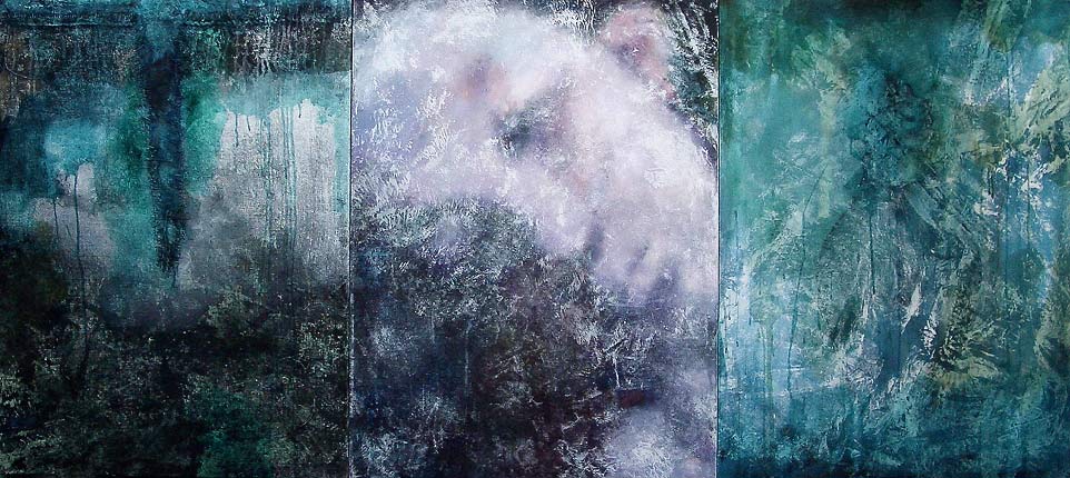 A large painting triple panels with indistinct, suggestive imagery.