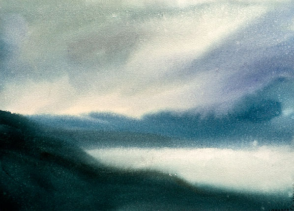 A watercolor painting of a body of water and distant drizzly hillls.