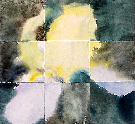 A very loose watercolor painting of a light yellow iris, the image divided into a grid with nine squares.