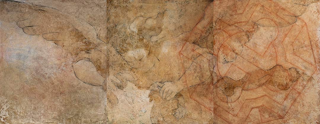 A triptych in progress with angel and diagram.