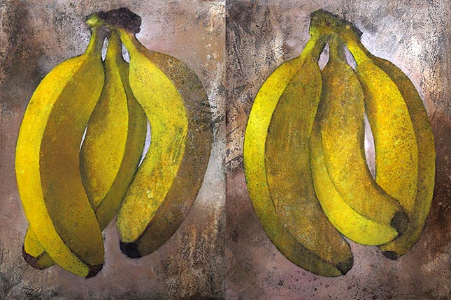 A two panel painting of bananas.