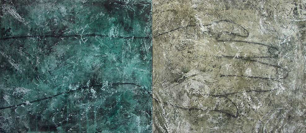 A two-panel painting of the hand of Icelandic singer Bjork.