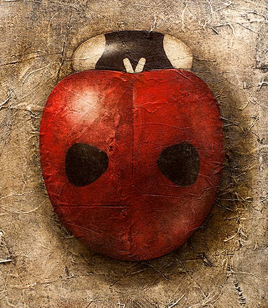 A painting of a single, two-spotted lady beetle on burlap mounted on canvas.