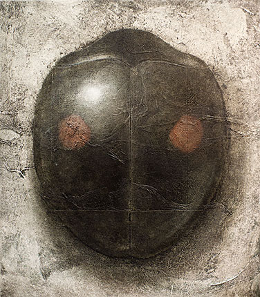 A painting of a single pear on canvas prepared to look like ancient vellum.