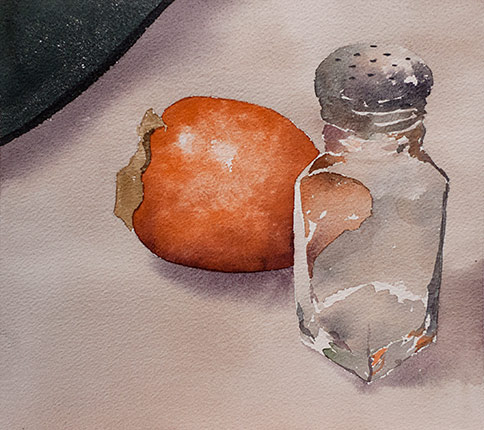 Watercolor of a glass salt shaker and a persimmon.
