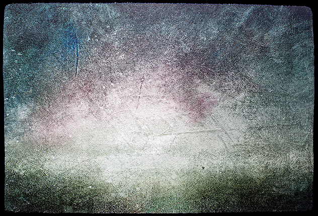 A small, rough painting of a seascape, perhaps, that suggests a quality of having been around for a long time.