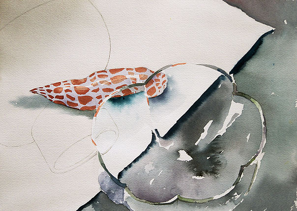 A watercolor of a glass bowl, a shell, and a sheet of paper.
