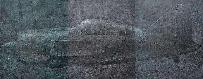 A three-panel painting of a Brewster Buffalo, a single-seat American fighter plane from the Second World War.