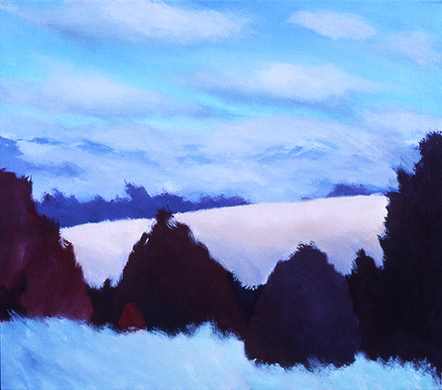 A Robert Spellman landscape of fields and distant, cloud topped mountains.