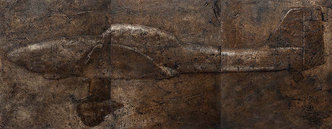 A Robert Spellman painting triptych of a World War II Junkers JU-87 fighter plane.