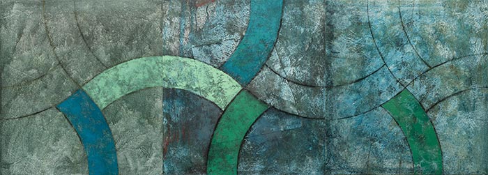 A Robert Spellman triptych painting of interlocking ring pattern.